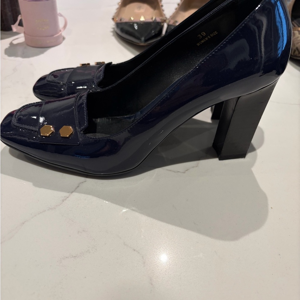 Tod's Navy Patent Block Heel Loafers with Gold Studs